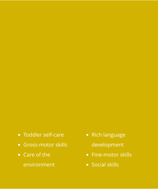 •	Toddler self-care •	Gross-motor skills •	Care of the environment •	Rich language development •	Fine-motor skills •	Social skills
