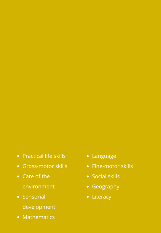 •	Practical life skills •	Gross-motor skills •	Care of the environment •	Sensorial development •	Mathematics •	Language  •	Fine-motor skills •	Social skills •	Geography •	Literacy